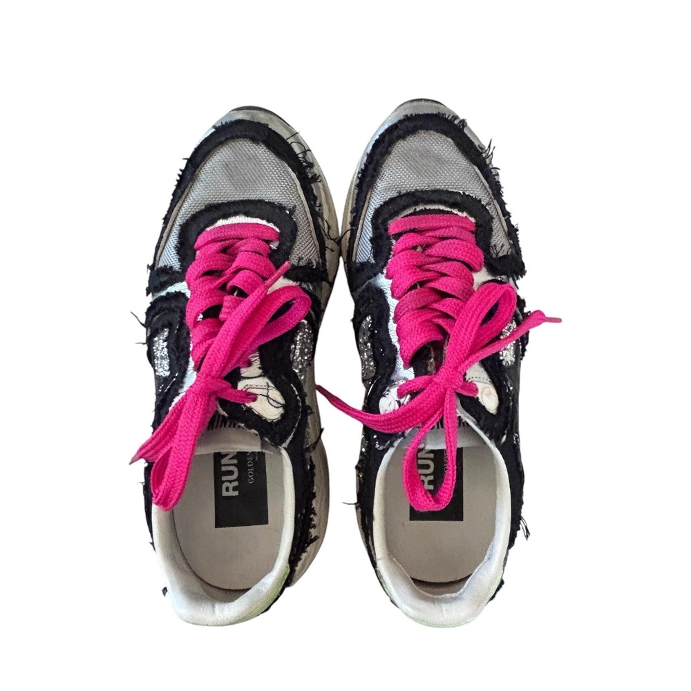 Golden Goose Running Distressed Silver Glitter Shoes Womens 35 Pink Laces Italy